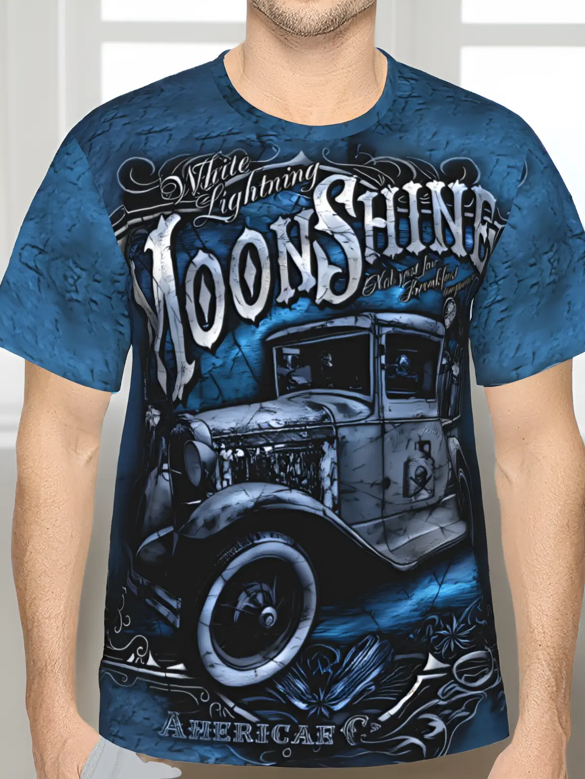 Men's Vintage Moonshine Truck Graphic T-Shirt, Distressed Geometric Print, Casual Drop Shoulder Crew Neck, All Seasons Polyester, Machine Washable, All Over Print, Normal Type, Recycle Polyester, Regular, Xxxxl, Short, Outdoors, Hiking / Light Outdoor