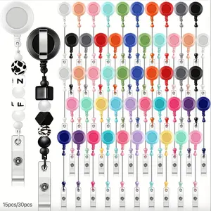 30/15pcs Beadable Badge Reel Kit | Charms Pendants, 15-Colorful Retractable ID Holder, Blank Bar Name Badge Reels, for Office, Handicrafts, and Gift Making