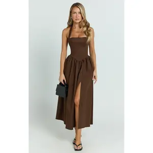 Helda Midi Dress - Halter Tie Neck Corset Panel Dress in Chocolate