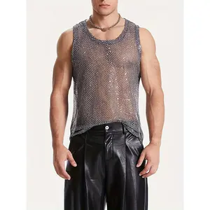 NewBdhjydb Men'S Sexy Sleeveless Vest - Sparkling Sequin Mesh Shirt with Hollowed Out Design, Non-Stretch Slim Fit for Parties, Clubs, Everyday - All-Season Layering Essential - Adult Men'S Fashion Apparel, Party Outfit, Geometric Pattern, Stylish Constru