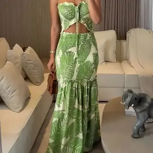 Tropical Bandeau Dress - Ruched Cinched Waist Ruffle Hem Vacation Casual Womenswear