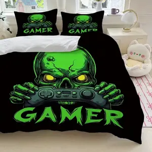 3-Piece Skull & Controller Print Bedding Set (1 Fitted Sheet + 2 Pillowcases), Soft Comfortable Bedroom Decor, Bedsheet Sets