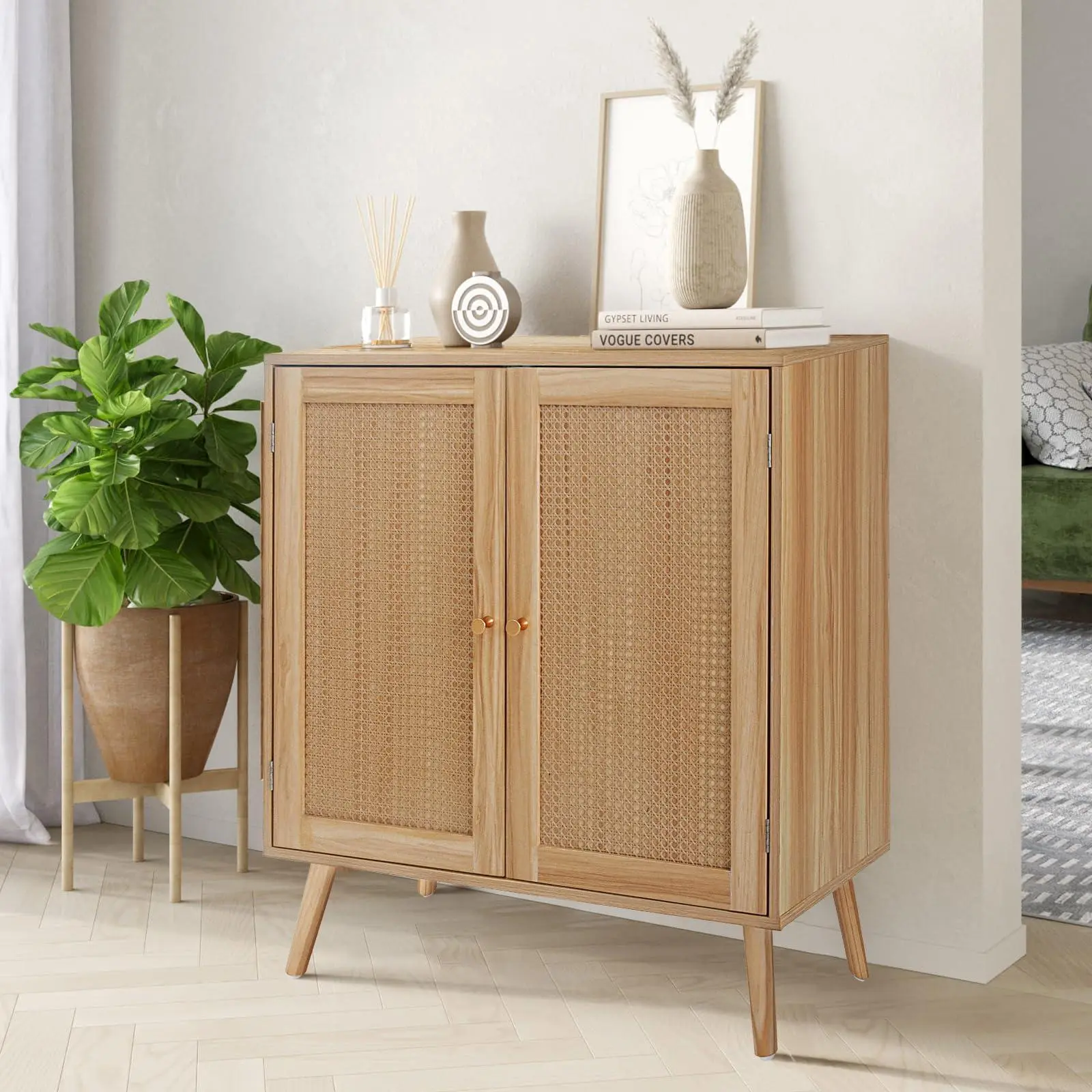 Rattan Storage Cabinet, Sideboard with Adjustable Shelf, Magnetic Doors & Solid Wood Legs—Bamboo Buffet Sideboard with Natural Rattan for Living Room, Dining Room, or Hallway—Natural Finish