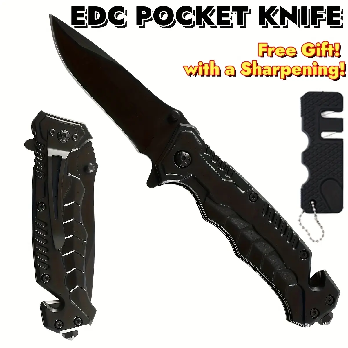 1 pcs Ultimate Tactical EDC Pocket Knife Foldable, Multi Tool Knife with Clip, High-Quality Folding Knife - Sturdy Blade, Textured Grip, G lass Breaking Tool, Awesome Gadgets for Home, Ideal Gift for Men Color: 1PC BLACK with 1 Sharpening