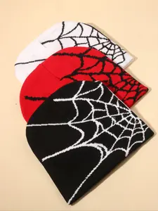 Gothic Spider Web Knit Beanie Fitted Hat, Y2K Style, Hip-Hop Warm Elastic Cap, Suitable for Outdoor Sports, Daily Wear, Unisex