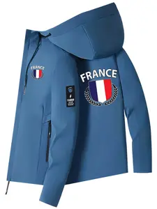 Stylish Casual Men's Hooded Jacket Long Sleeve with France Text and Shield Print on Back for Daily Wear and Outdoor Activities