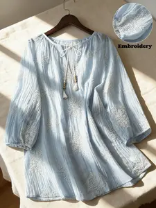 Large Size Light Blue Pleated Embroidered Blouse, Breathable Cotton Linen Fabric, Tie Fringe Lantern Sleeves, Casual Summer Commute Wear