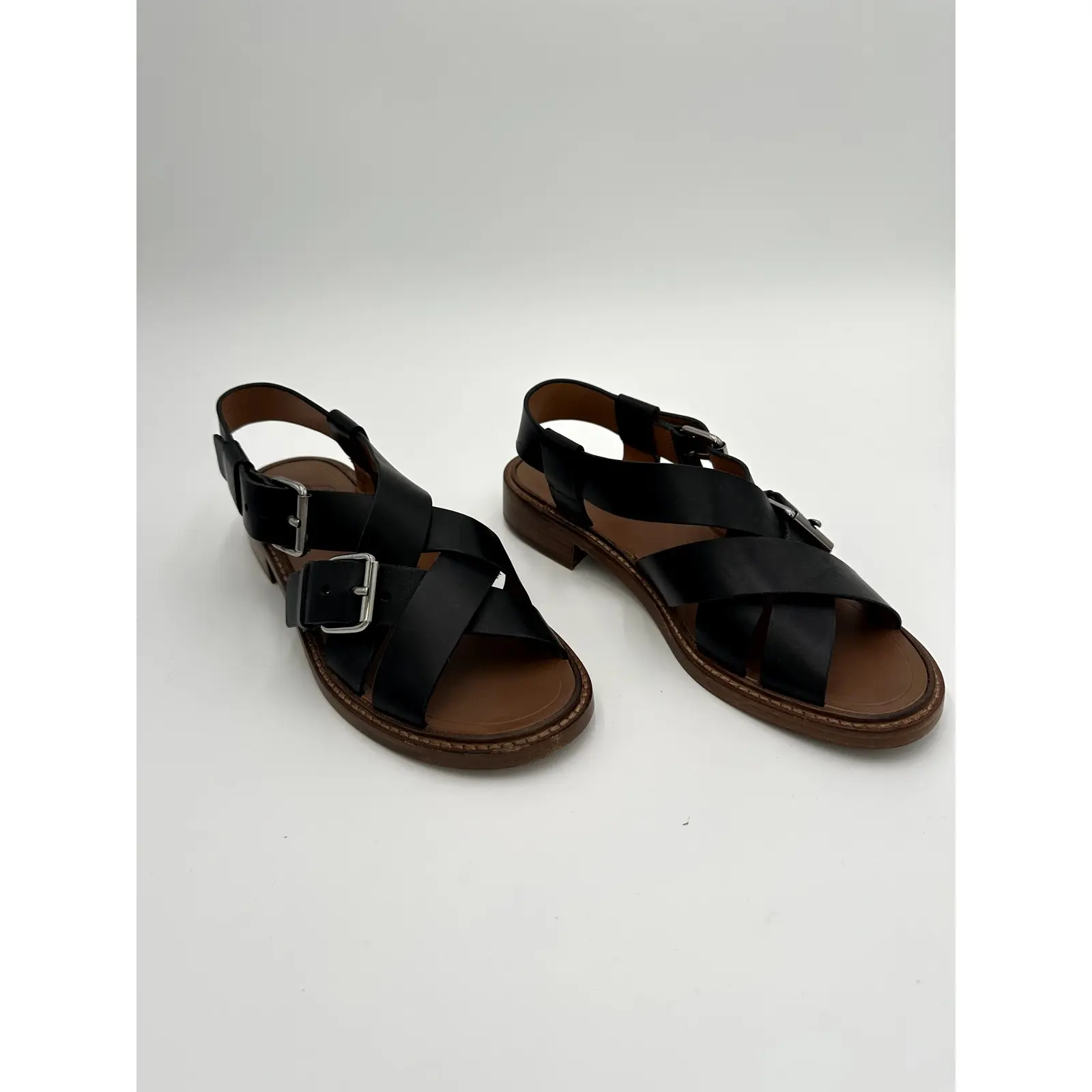 Pre-Owned Women's Church's Rhonda Wide Criss-Cross Strap No-Buckle Calfskin Black Leather Sandals - Tan Leather Footbed, Size 37/7, Designer Footwear