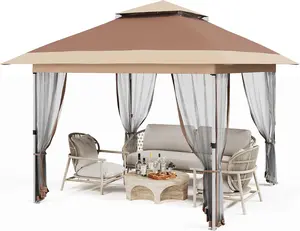 Pop Up Gazebo, 10x10 Outdoor Canopy Tent with Mosquito Netting, Pop Up Canopy Tent with Curtains/Adjustable Height/Wheeled Carrying Bag for Patio Garden Backyard Lawn