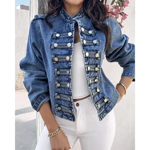 Women's retro stand up collar short denim jacket, double breasted front, fluffy sleeves, classic blue casual jacket, suitable for women's clothing made of spring and autumn fabrics