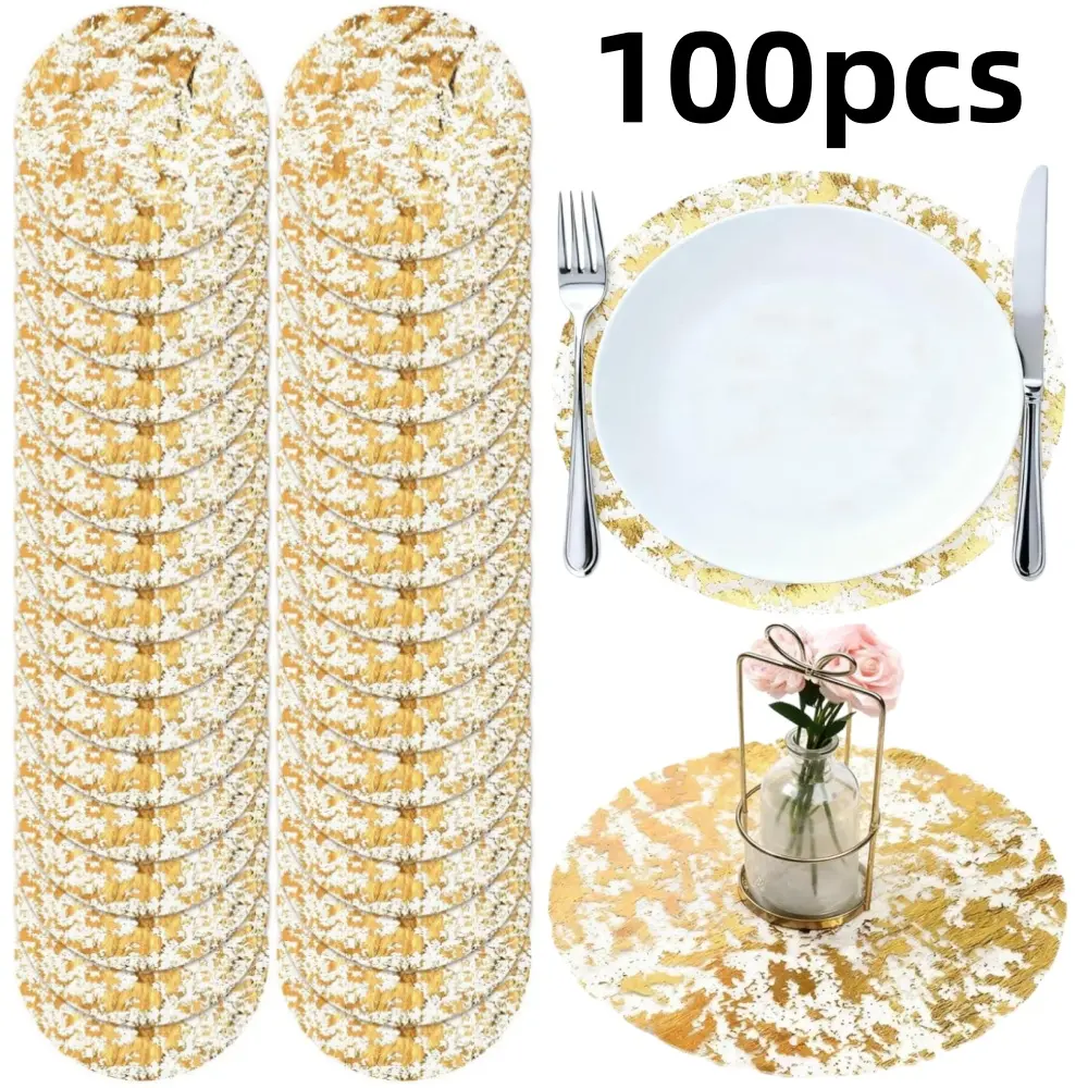 100 piece Disposable Gold Placemats Decorative Mesh Table Runner Metallic Pressed Doilies Round Metallic Table Runner for Table