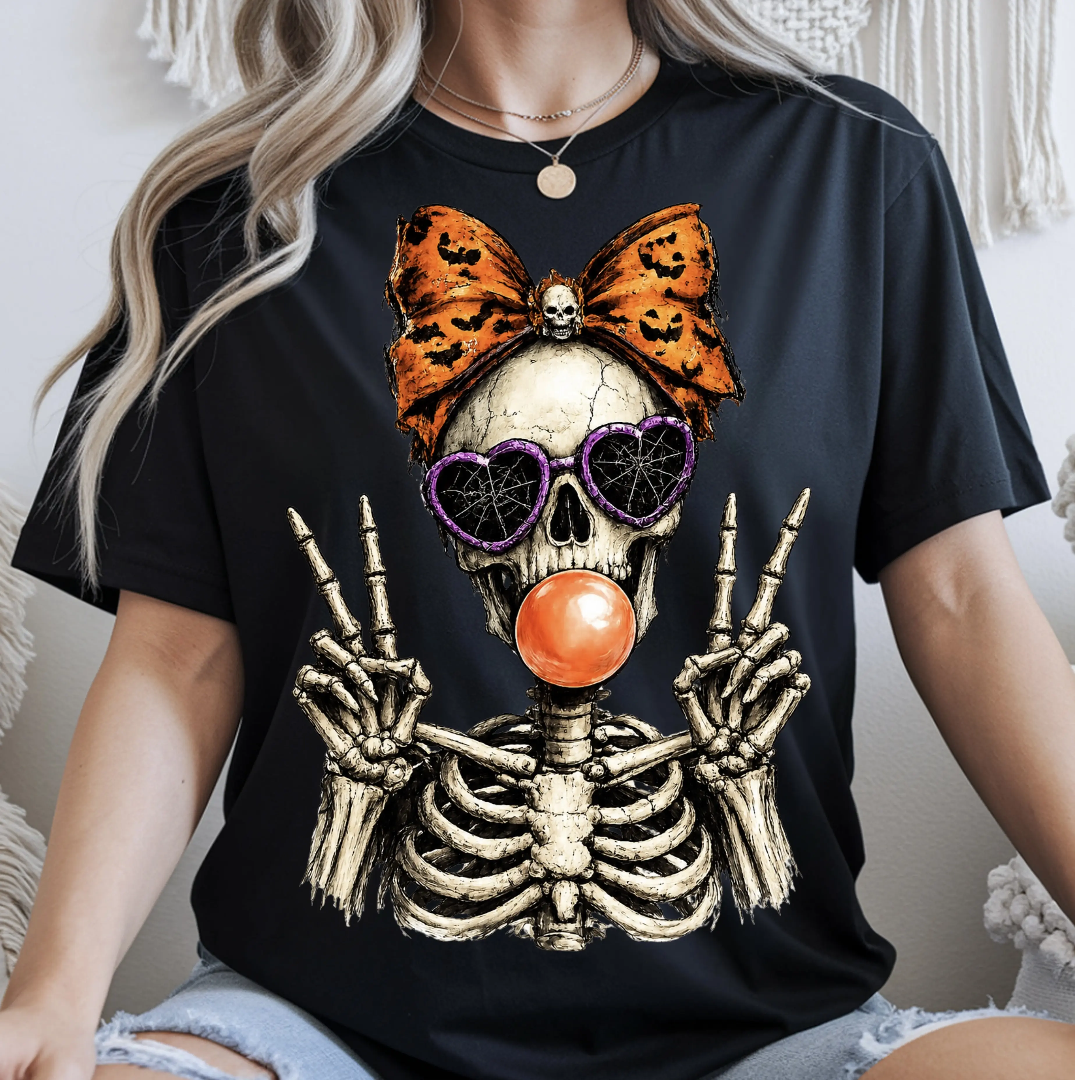 Comfort Colors Skeleton with Bow and Heart Sunglasses T-shirt | Halloween Skull Art