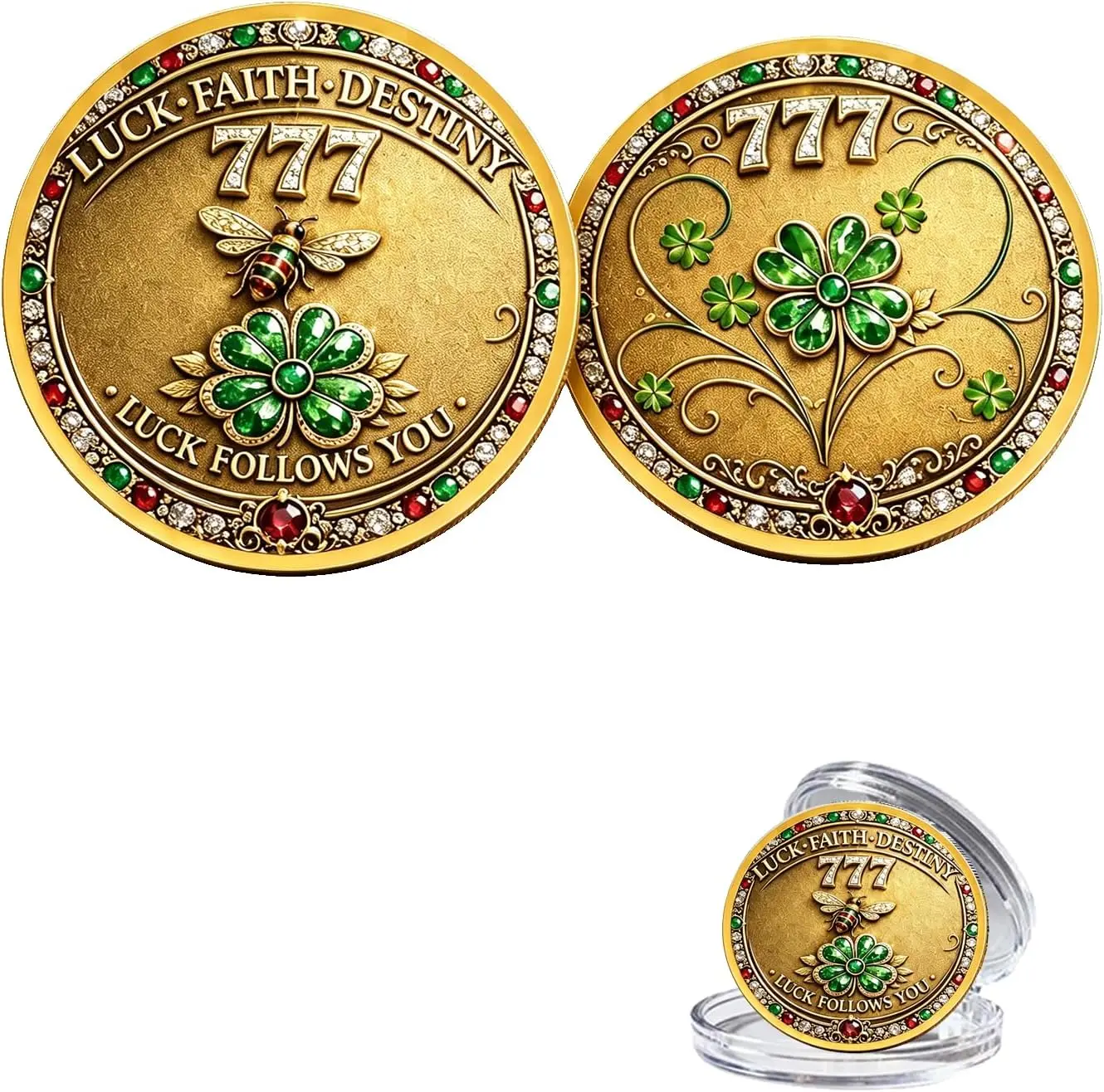 Lucky Bee Clover Challenge Coin, Good Luck Token with 777 Four Leaf Clover Design, Inspirational Pocket Coin for Prosperity, Fortune and Positive Energy, Unique Gift for Men Women