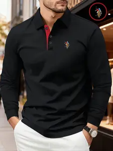 Men's Solid Color Long Sleeve Fitted Polo Shirt, High-End Fashion Fabric, Casual Sports Leisure Wear, All Seasons, Golf Outdoor Activity