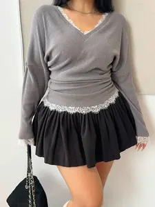 Vibekara Plus Size Batwing Sleeve Lace Patchwork Ribbed Casual Pullover Top – Chic Fall Clothes for Women