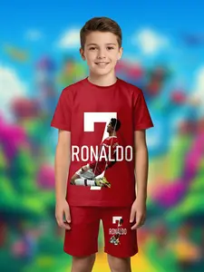 Boys Bottom Manchester United Ronaldo Celebration Shirt & Short Set, Large Number 7 Print, Casual Summer for Parties