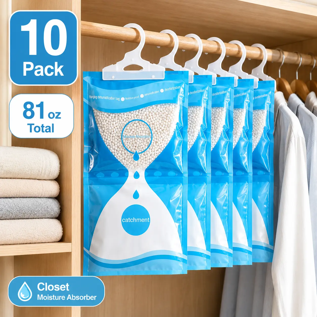 Hanging Moisture Absorber Bags for Closet, 10 Pack 81 oz Total, Dehumidifier Bags for Mold Musty Odor & Damp Prevention, for Bathroom Wardrobe Cabinet