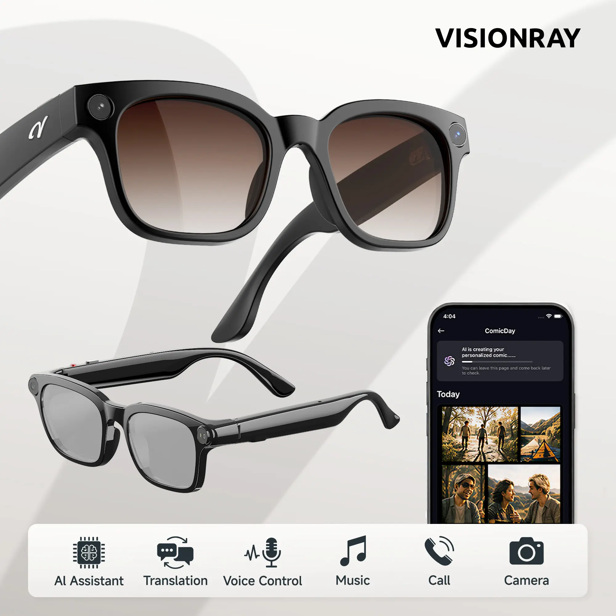 VisionRay Lite AI Smart Glasses - Wearable Wireless Translation Sporty Smart Glasses with 8MP Camera, 1080P HD Video, 4K Photos, Bluetooth Audio, Real-Time Translation, Hands-Free Recording,Halloween Gift Idea