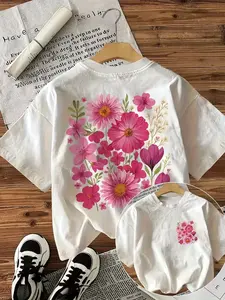 Lady's Oversized Loose Cotton Short-Sleeve Pink Flower Vintage Washed T-Shirt - Retro Spring Floral Crew Neck Streetwear Casual Top for Daily Wear,summervibes