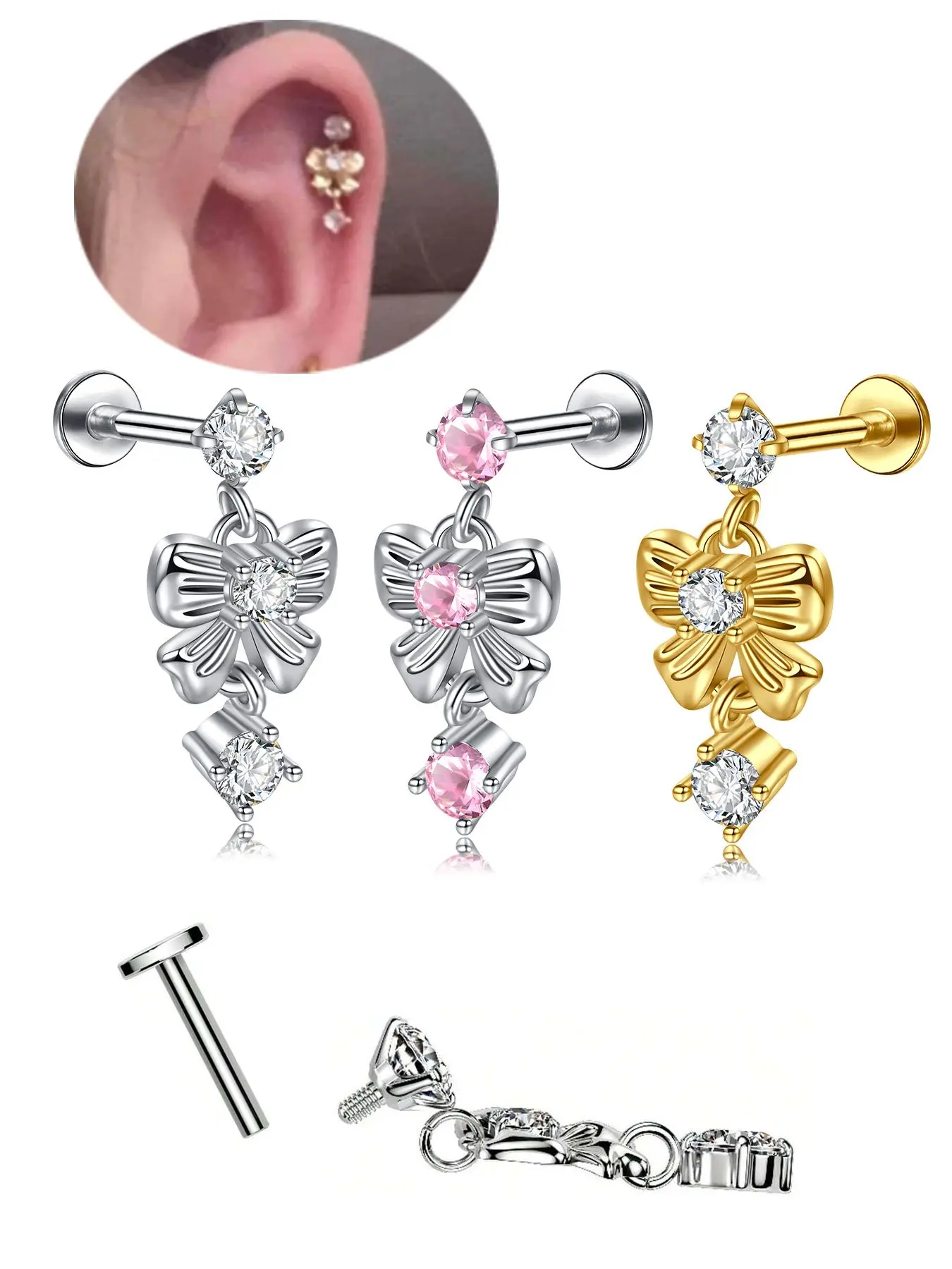 Bow Pendant Soft Bone Ear Studs, Women's Elegant Stainless Steel Flat Back Zircon Gemstone Earrings, Cute Nose and Ear Piercing Jewelry for Parties and Daily Wear