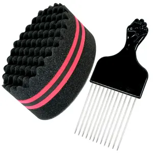 Afro Hair Styling Set: Curl Sponge & Stainless Steel Pick Comb – Soft Foam Tool for Curly Hair/Dreads/Waves, Black, Hair Styling Combs