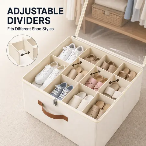 Shoe Storage Organizer for Closet - 16-Compartment Collapsible Oxford Fabric Box with Adjustable Dividers, Zip-Open Access Clear Cover, Reinforced Handles, Fits Entryway, Bedroom Clothes