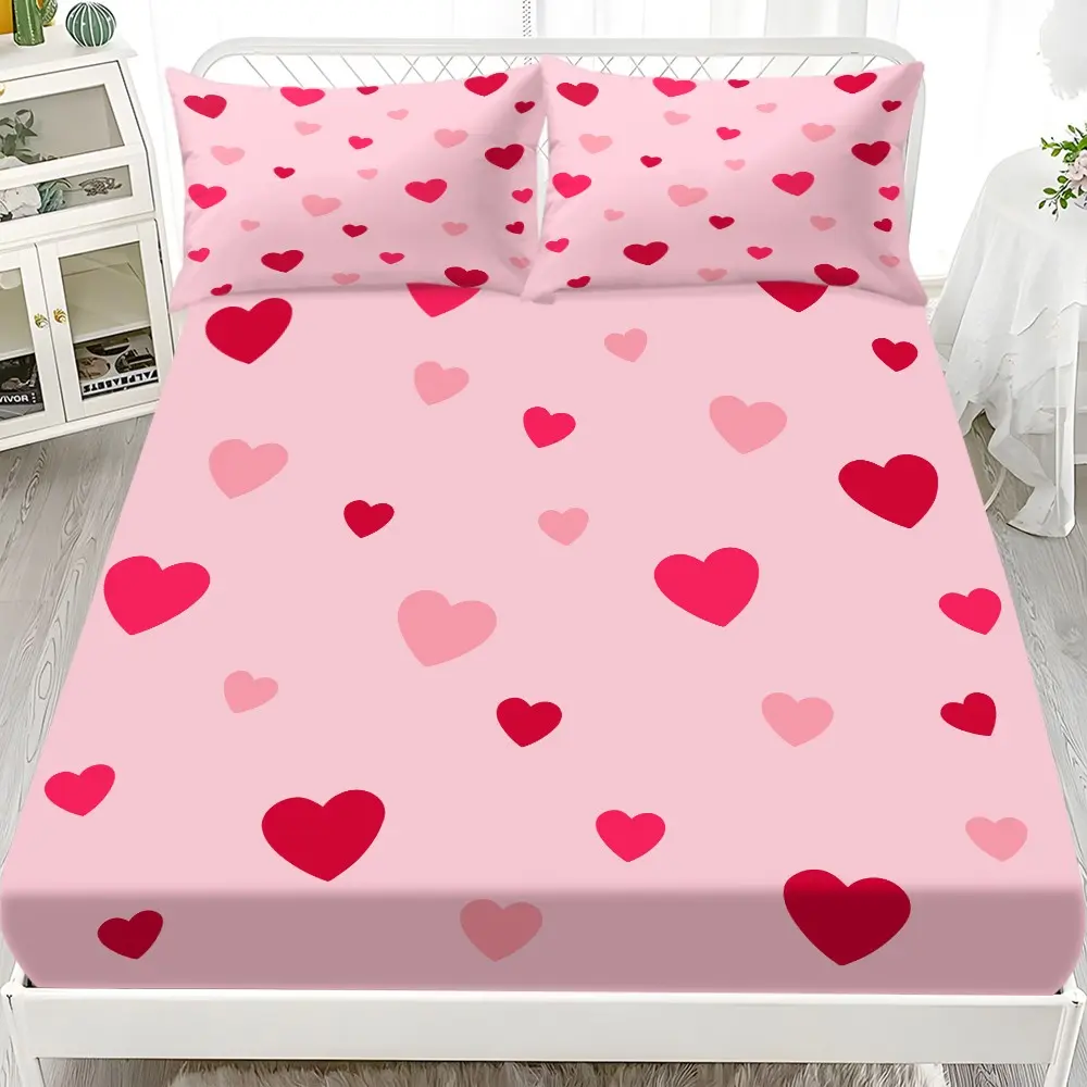 Bedding Sheet Set 3-Piece Heart Print Bed Sheets (includes 1 Fitted Sheet & 2 Pillowcases), Polyester Fabric, Washable, Valentine's Gift, Heart Pattern Bedding, Heart Theme Bedding, Bedsheet Set, Bedroom Bedding, Bedding Supplies, Bed Sheet Sets