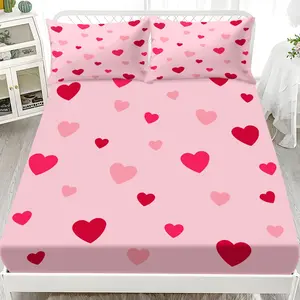 Bedding Sheet Set 3-Piece Heart Print Bed Sheets (includes 1 Fitted Sheet & 2 Pillowcases), Polyester Fabric, Washable, Valentine's Gift, Heart Pattern Bedding, Heart Theme Bedding, Bedsheet Set, Bedroom Bedding, Bedding Supplies