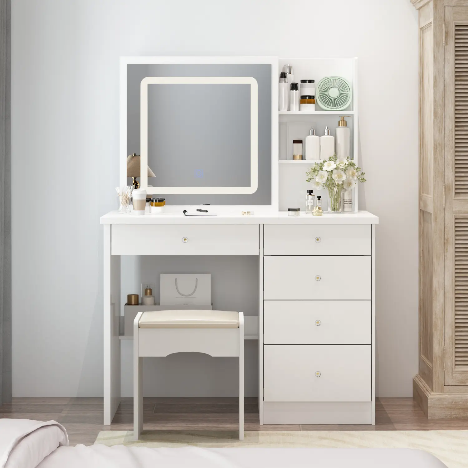 Large Lighted Fixed Mirror No Sliding-White