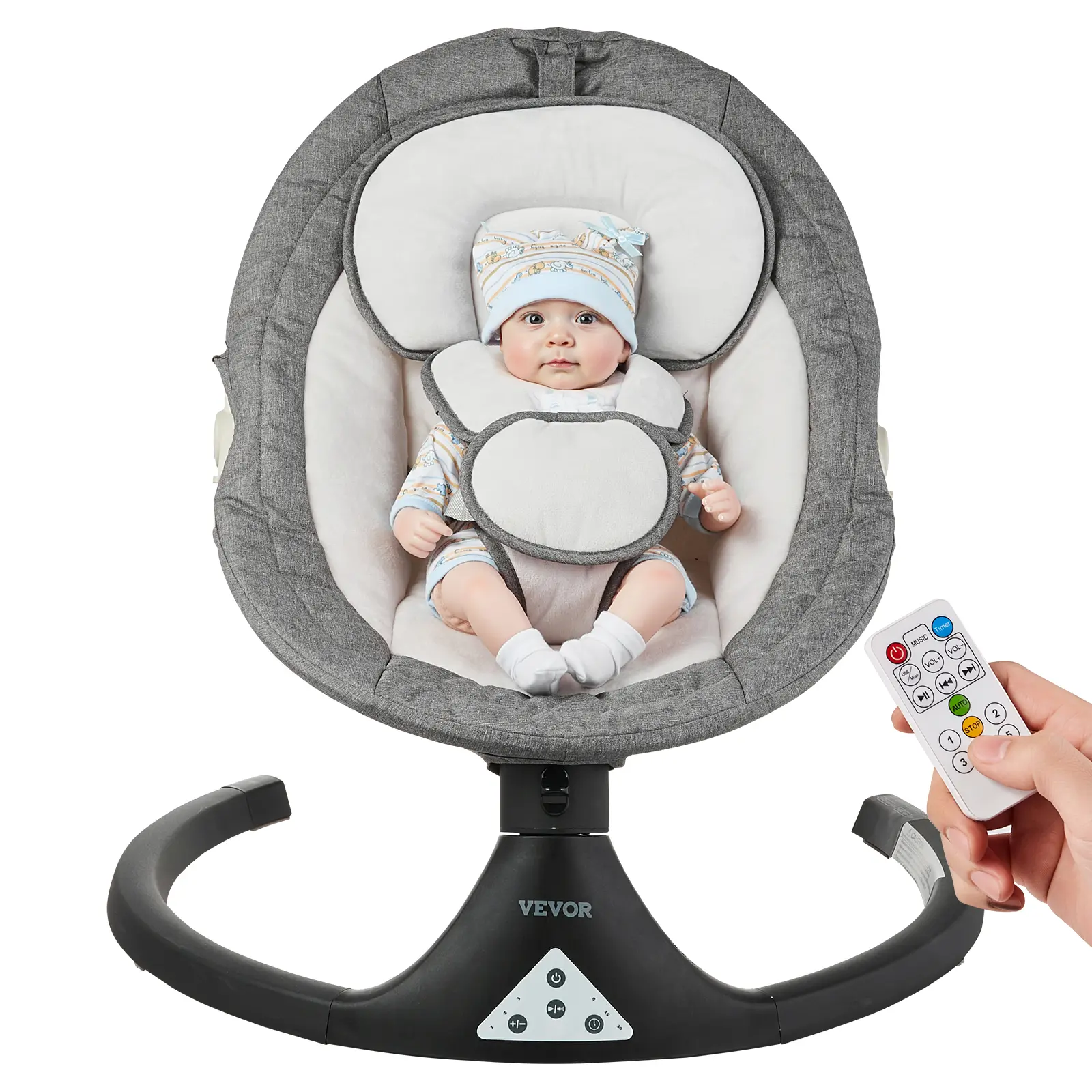 VEVOR Crystal Fleece Baby Swing, 5-Speed Rocker with 3 Seat Positions, 7.5 lbs Portable Indoor-Outdoor Infant Swing for 0-9 Month/0-20 lbs, Adjustable Shoulder Pads, PVC Touch Panel, Remote Control, Bluetooth, 10 Lullabies, Toy Bar, All Seasons Use