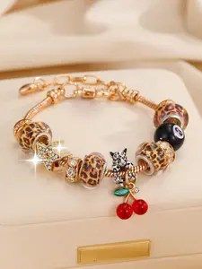 Leopard Print Cherry 8 Ball Pool Pendant Bracelet, Vintage Style Beaded Bracelet, Retro Fashion Accessory, Unisex Jewelry