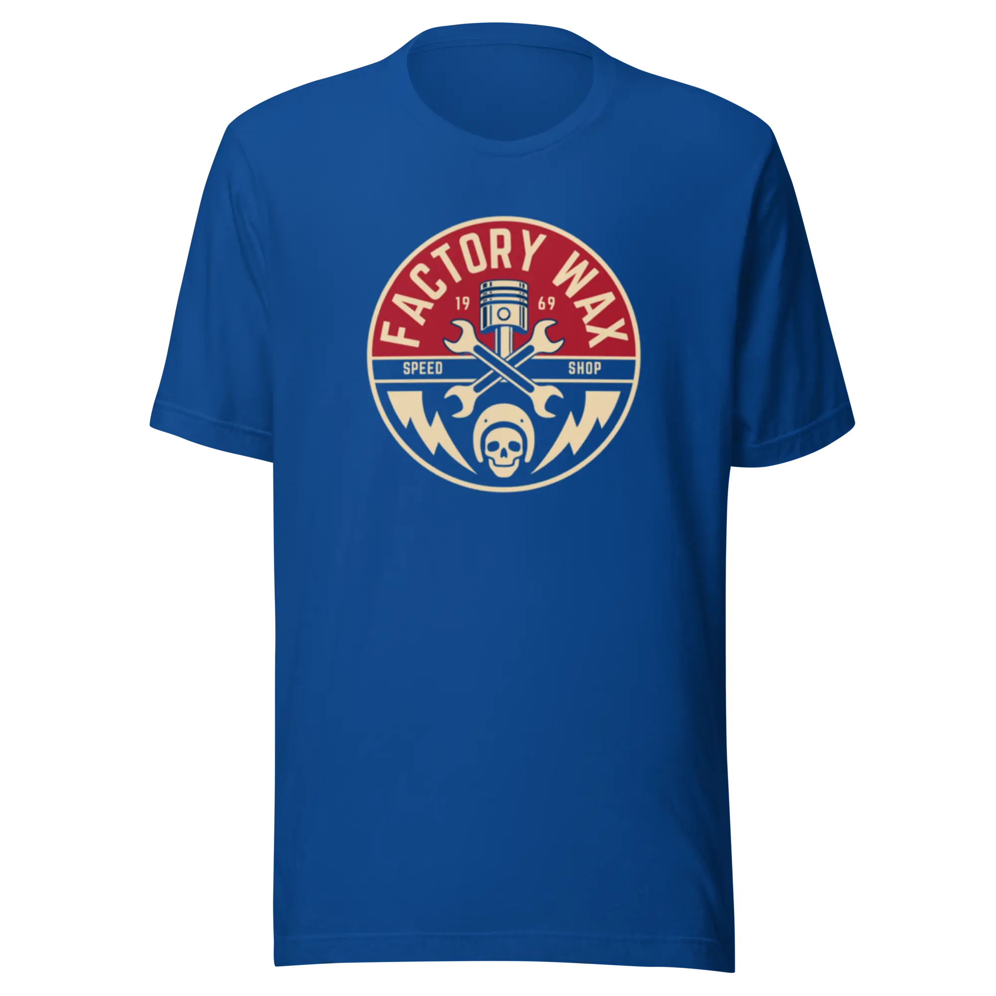 Factory Wax Speed Shop Unisex Fitted Short Sleeve Crew Neck T-Shirt in Royal Blue 100% Combed Ring Spun Cotton Casual Streetwear Top