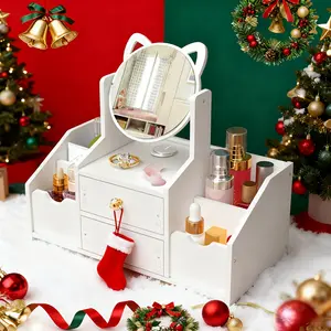 360° Rotating Cat-Ear Makeup Mirror Jewelry Box & Vanity Set|With Drawers & Cosmetic Organizer for Women's Bedroom Decor|Portable Desktop Dressing Table with Storage|Perfect Gift for Wife/Girlfriend/Daughter|#JewelryOrganization#VanityGoals