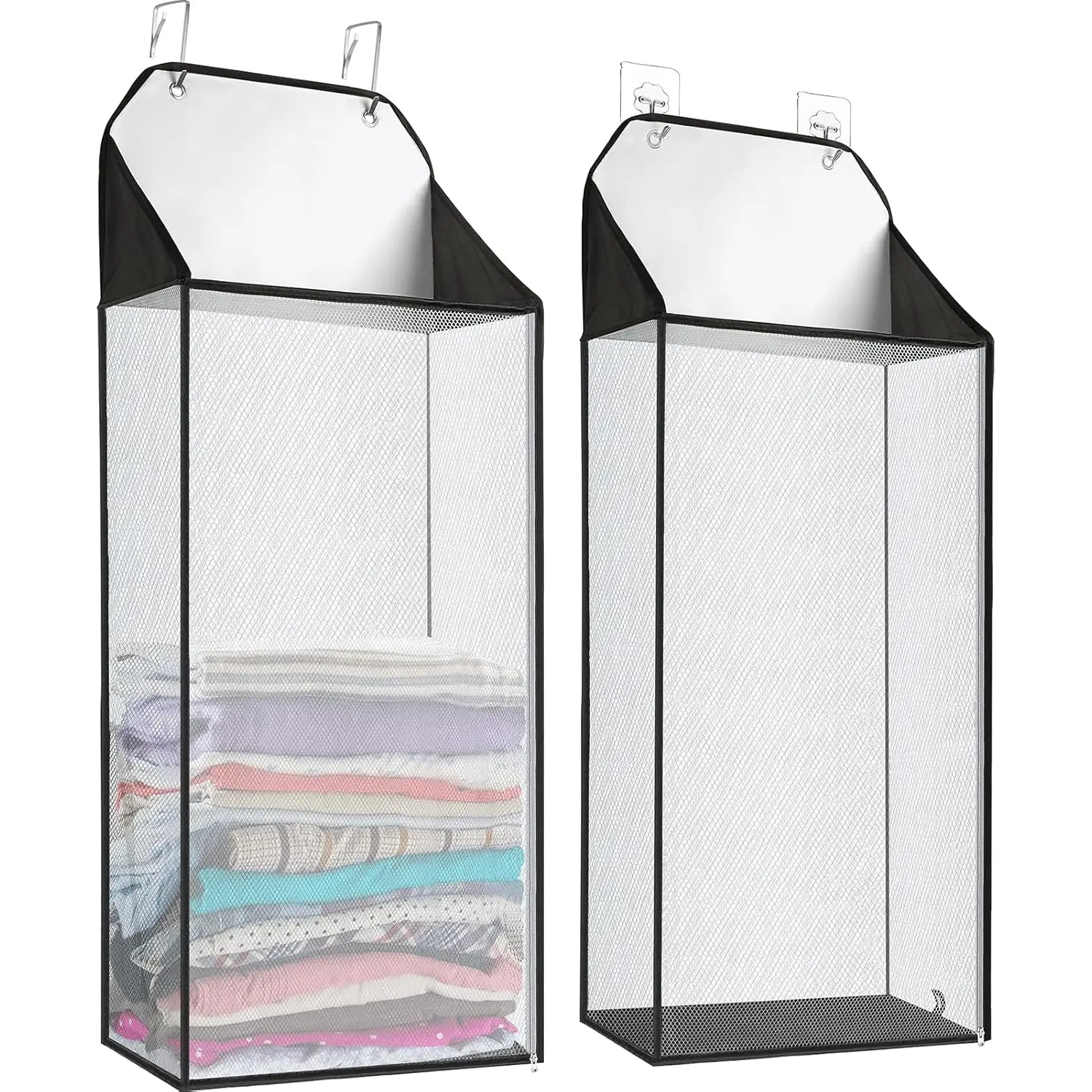 Maxgear Hanging Laundry Hamper, over the Door Hamper with 2 Kinds of Hooks for Dirty Clothes Organizer, Mesh Wall Hanging Laundry Basket with Zipper for Bathroom, Wardrobe, Dormitory (Black-2 Pack) MaxGear