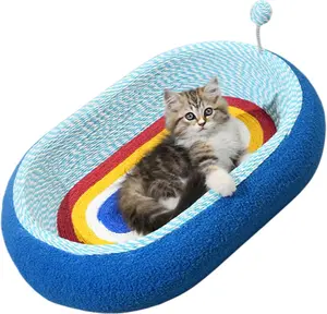 Blue Cat Scratching Pad | Elliptical Sisal Cat Scratcher with Teaser Ball | Rainbow Design Kitten Scratch Board | Cat Interactive Scratching Lounge Bed for Living Rooms, Bedrooms, Balconies, Cars
