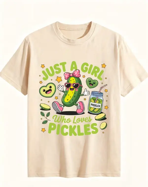 Crewneck T Shirt Black Just A Girl Who Loves Pickles Cute Cucumber Cartoon Print for Casual Wear