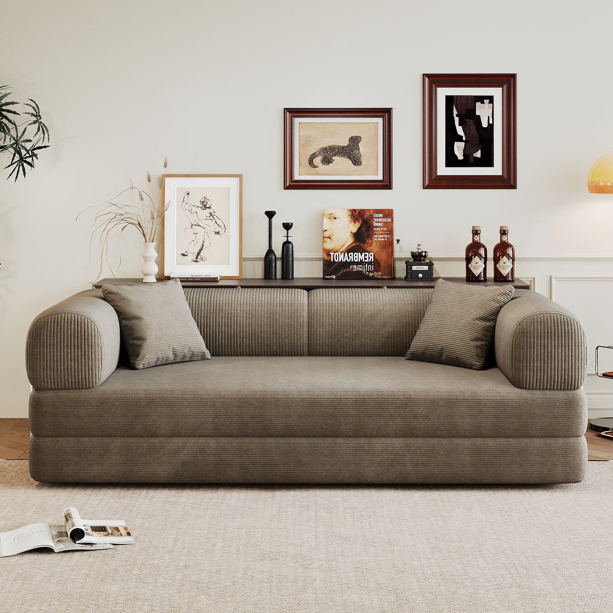 79" Convertible Floor Sofa Bed With Pillow Back Support & Armrest, Comfy Futon Couch Sleeper Bed, Boneless Sectional Couch Loveseat Modular Sofa With Corduroy Fabric For Living Room Bedroom