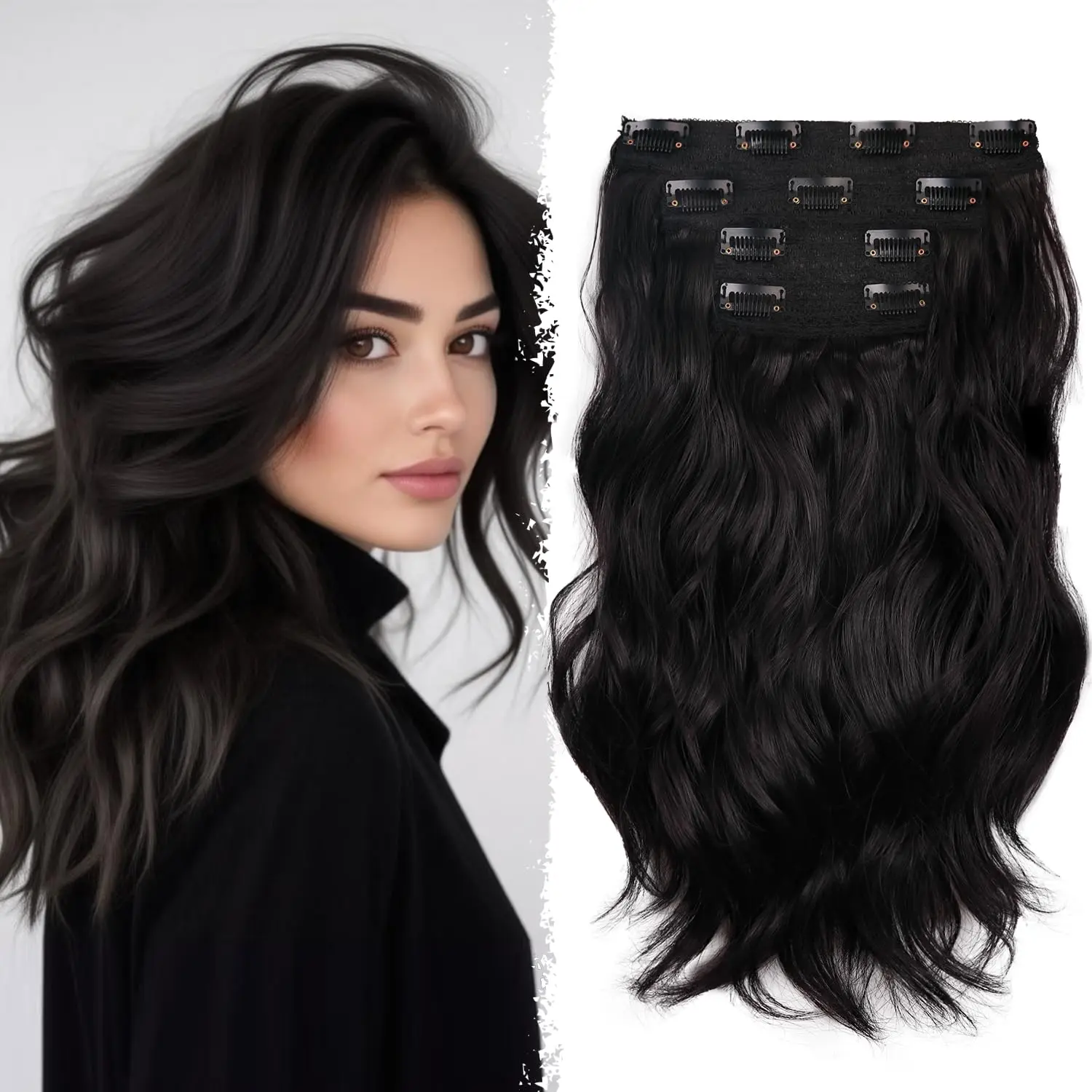 Female 18-Inch Long Blended Clip-In Hair Extensions, Adjustable Synthetic Hair Extensions & Pieces Set, Black, Dark Brown, Platinum Blonde