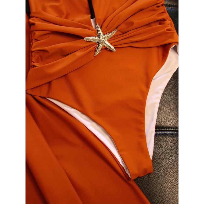 EDOLYNSA Solid Color Starfish Decorated Backless Lace-Up Orange Red One-Piece Swimsuit with High Slit Skirt Two-Piece Set Sexy Swimwear Holiday Pool Party Women's Elegant Bikini Set Fashion 2pcs Bikini Set with Beach Skirt K59