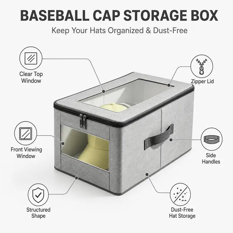 Large Stackable Hat Storage Boxes for Baseball Caps with Handle, Hat Organizer Rack for Wardrobe, Closet, Bedroom, Shelf and Home Organization, Space-Saving Storage for Hats and Men’s Gifts carry