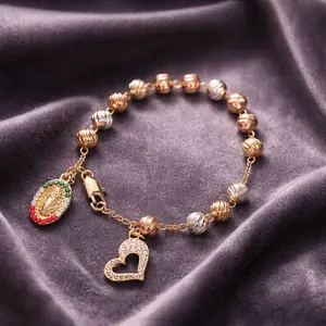 Elegant Heart & Virgin Mary Charm Bracelet with Gold & Silver Beads for Women