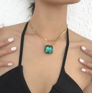 N16- Square Emerald Stone Necklace -Snake Chain!