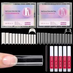 480PCS Extra Long C Curve Nail Tips and Glue, 2 Packs Natural and Clear Acrylic for Nails Professional Set, 12 Sizes Artificial Straight Square French False Nail Tips