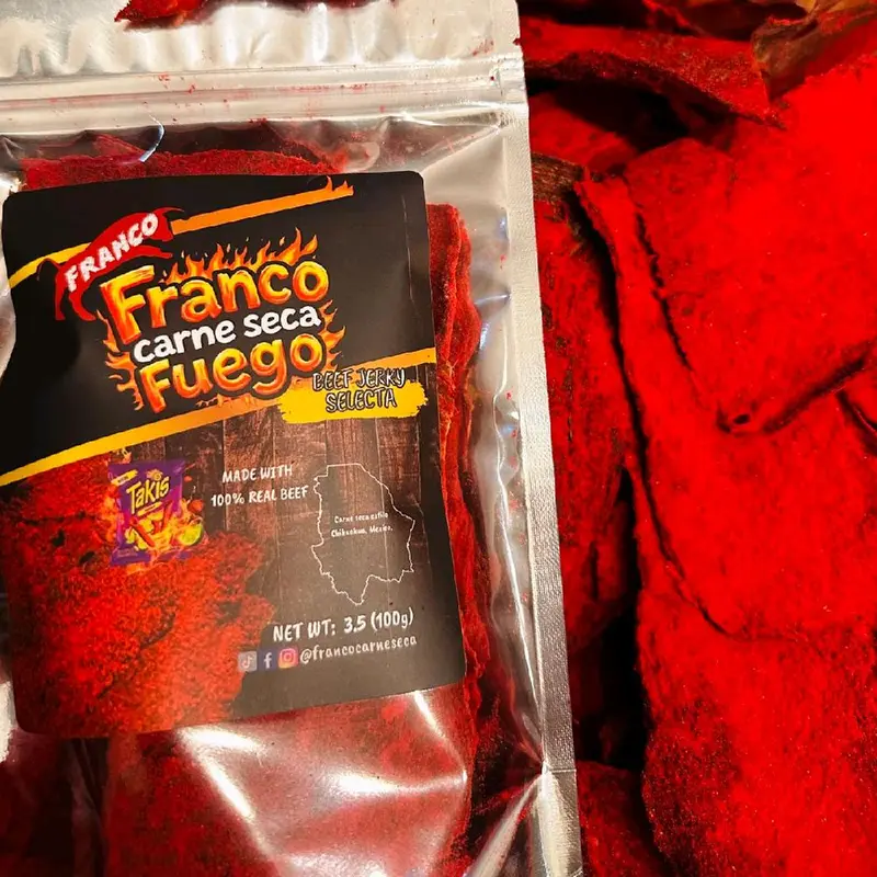 Franco Carne Seca Fuego Beef Jerky Spicy Snack 3.5 oz Dry Meat Snack Made with 100% Real Beef Dehydrated Fuego Takis Flavor