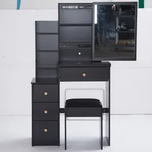 29.2" Small Space Left Bedside Cabinet Vanity Table + Cushioned Stool, Extra Large Right sliding mirror, Multi Layer High Capacity Storage, Practical Fashionable Dresser, Suitable For Small Space vanity  without  let vanity  with  chair