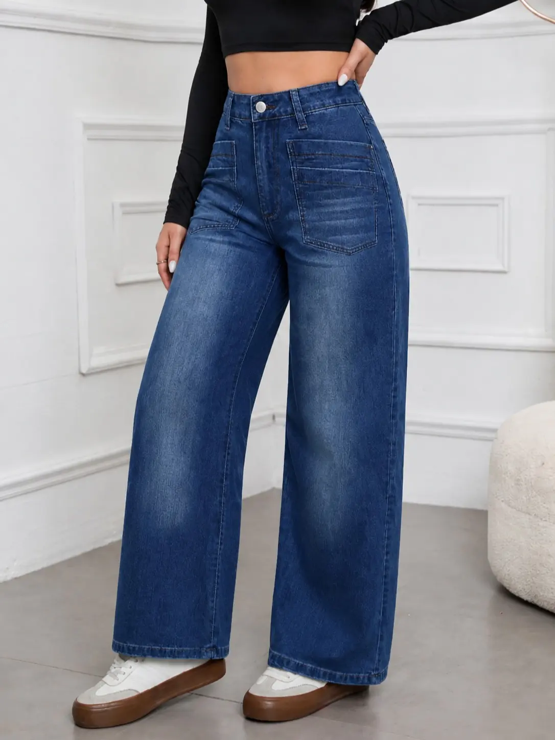 Women's Vintage Washed Blue Denim Jeans - High Waist, Loose Baggy Wide Leg Bottoms, Front Stitch Double Pockets, American Retro Street Style, Everyday Casual Wear