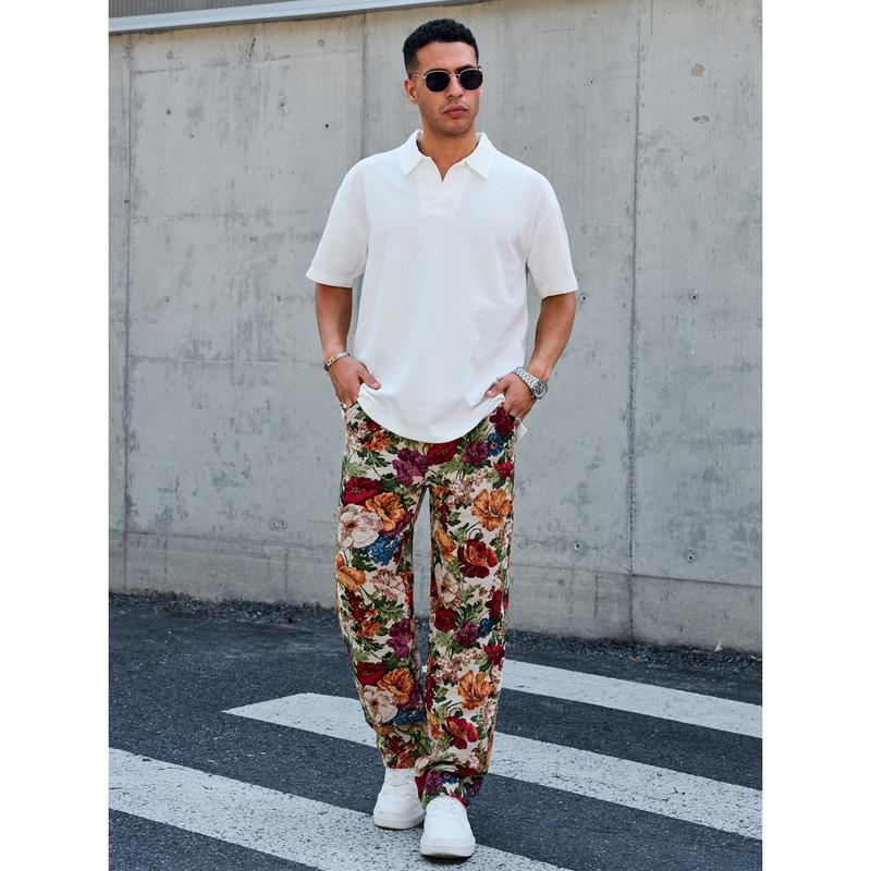 Drawstring Loose Comfortable Floral Men's Trousers with Vibrant Print Easy Fit for Everyday Wear and All-Day Comfort