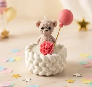 Teddy Bear Decorative Candle with Balloon, Sets of 10. White Braided Base, Pink