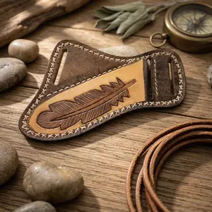 Italian Leather Knife Sheath for Belt Neck, Hand-Carved Feather Flannel Lined, Hunting Bushcraft EDC Survival Skinning Fillet, Fixed Blade Fits 4-6", Horizontal Cross Draw, Gifts for Men