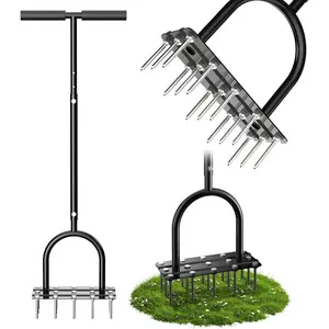 RIFPOD Lawn Aerator Spike Tool - Manual Grass Aerator with 15 Iron Spikes Pre-Assembled Yard Aerator for Core Aeration Dethatching Heavy Duty T-Handle & Wide Foot Plate for Lawn Yard & Garden Black - Aluminum Landscape Rake